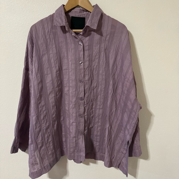 Blanque Lagenlook Stripe Crinkle 3/4 Sleeve Button Up Shirt Lavender-2/XL - Picture 1 of 10